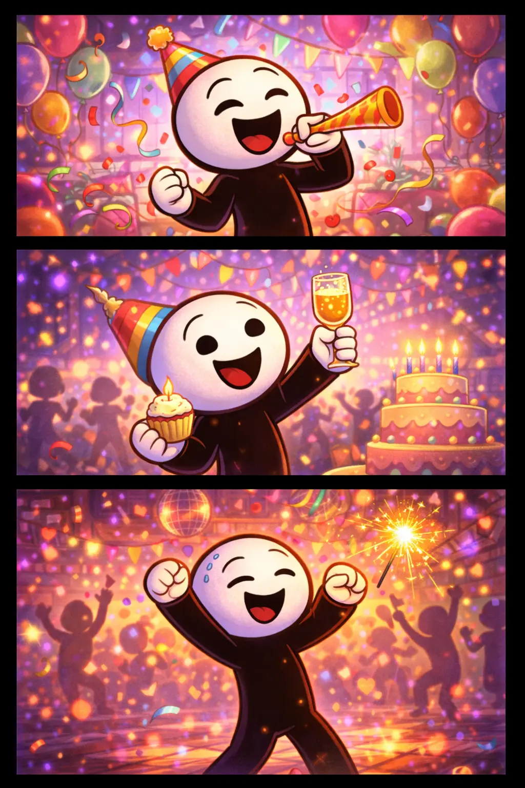 “Toonwords-afbeelding van het woord ‘Feestelijk’ met een vrolijke, kleurrijke en vierende sfeer.”