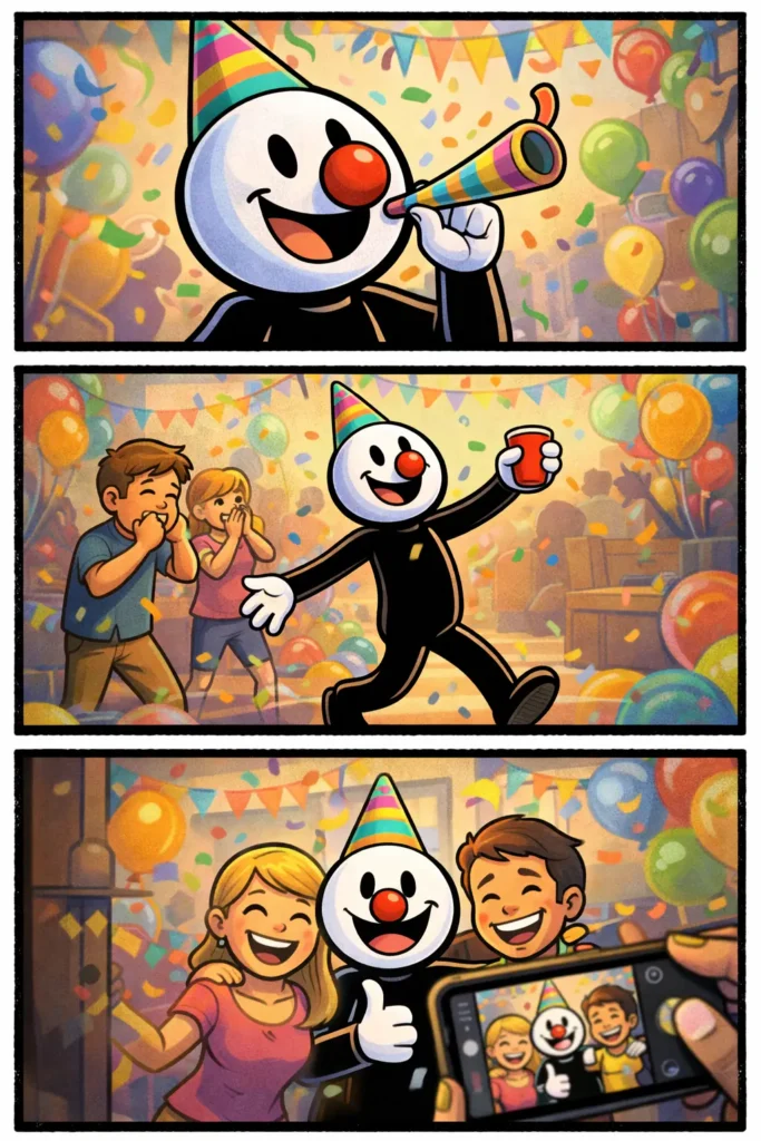 Stickman met feestneus en feesthoed in drie vrolijke scènes vol confetti en feeststemming, passend bij het woord feestneus.