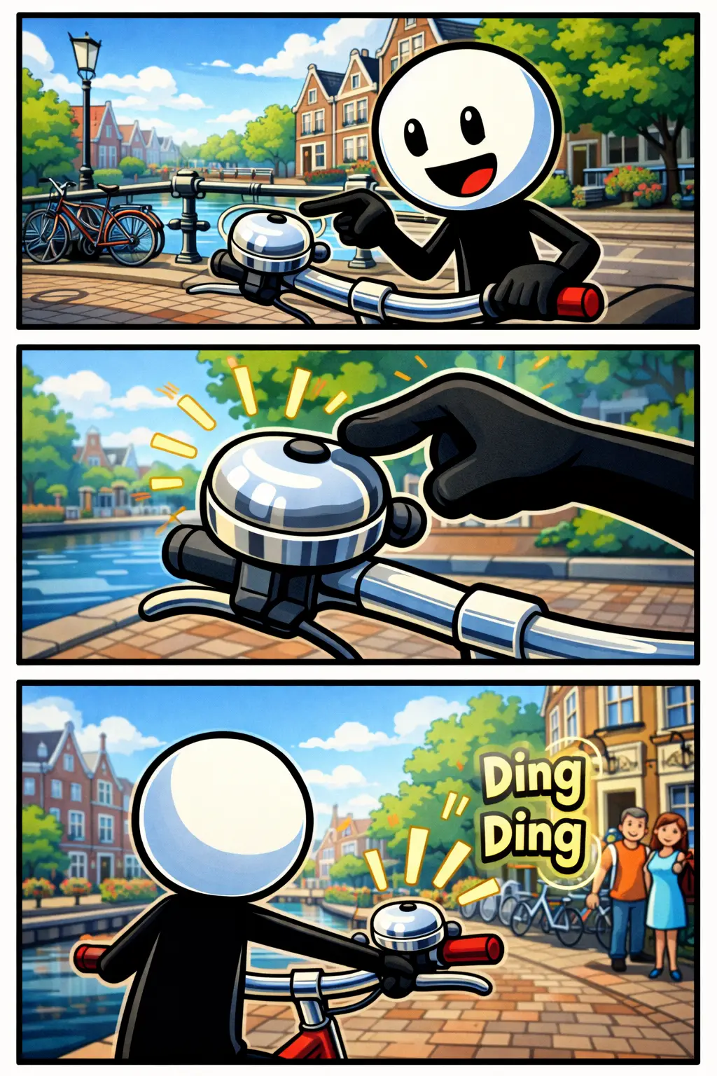 Stripafbeelding van een stickman die op een fietsbel drukt tijdens het fietsen in Nederland.