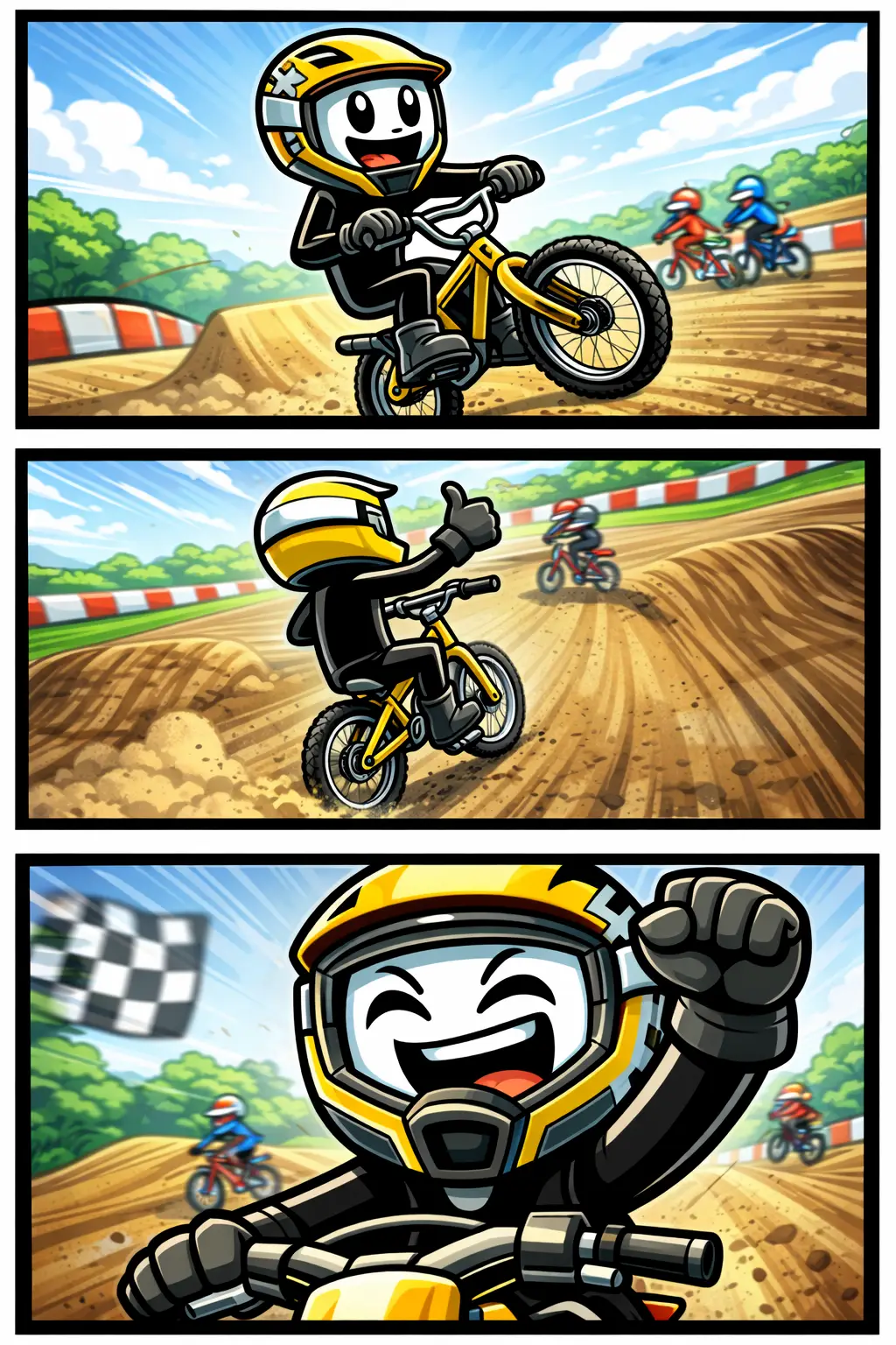 Stickman op een BMX-fiets die over een zanderige crossbaan rijdt met heuvels en scherpe bochten, passend bij het woord fietscross.