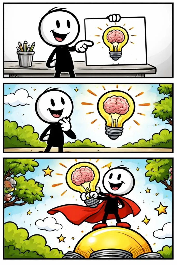 Stripafbeelding met drie panelen van een stickman in Toonwords-stijl die figuurlijk denken laat zien door ideeën als beelden te tonen.