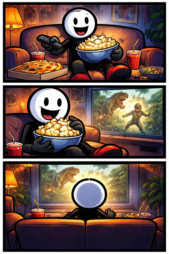 Stickman geniet van een filmavond in Toonwords-stijl, met licht van een scherm en ontspannen houding.