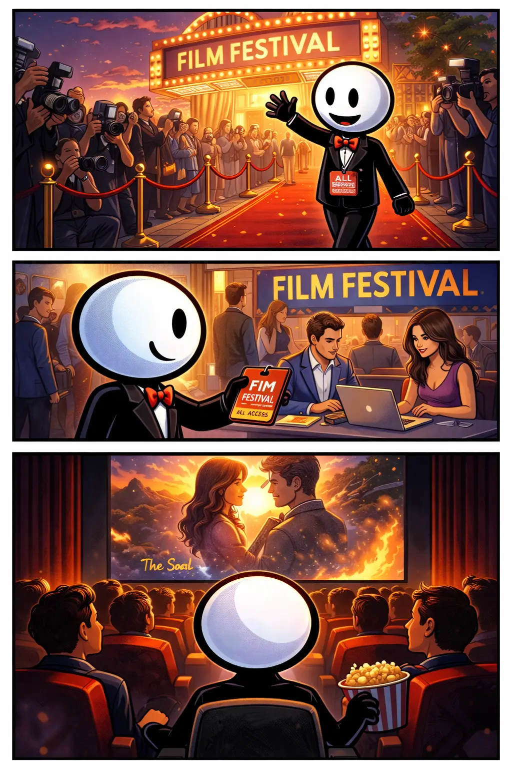 Toonwords-strip met een stickman in drie verticale panelen die verschillende camerastandpunten van een filmfestival laten zien.