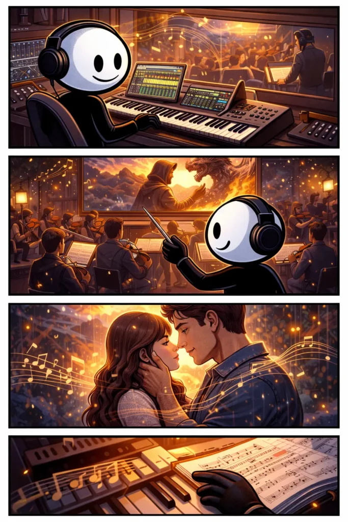 Toonwords-strip met een stickman in drie verticale panelen die verschillende camerastandpunten rond filmmuziek laat zien.