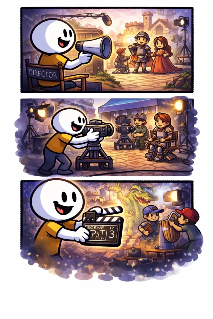 Stripafbeelding in Toonwords-stijl met een stickman op een drukke filmset vol camera’s, lampen en acteurs bij het woord Filmset.