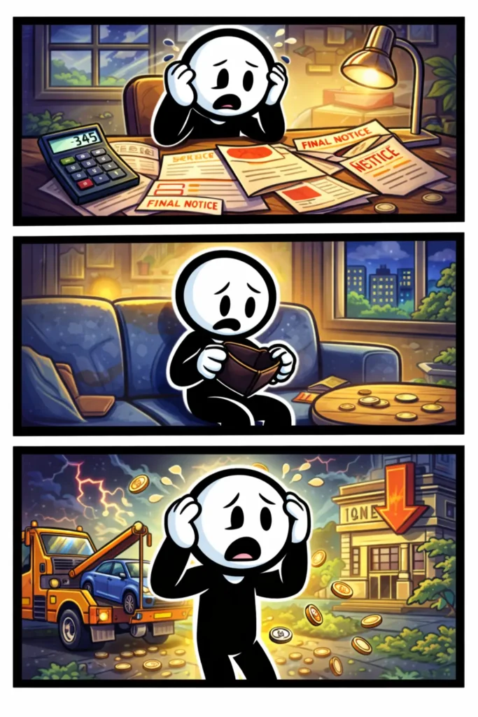 Stripafbeelding met drie panelen van een stickman in Toonwords-stijl die financiële problemen ervaart, zoals geldzorgen en onzekerheid.