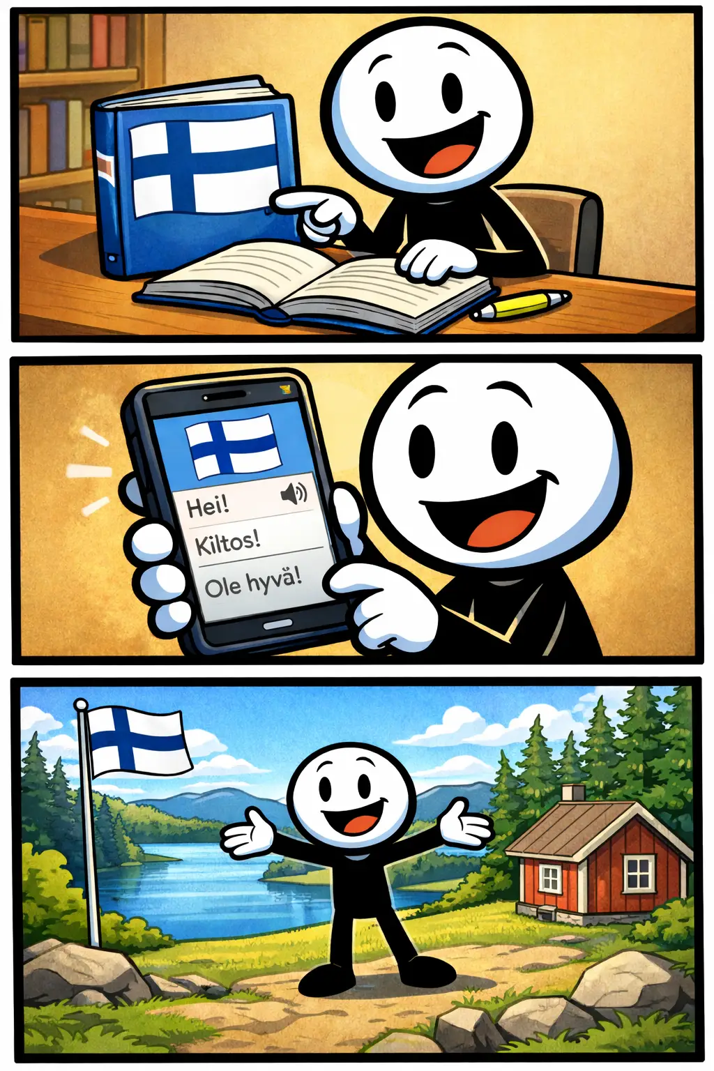 Een vrolijke stickman in drie panelen die het leren van Fins uitbeeldt: een studieboek met Finse vlag, een taal-app, en een typisch Fins landschap met natuur.
Iloinen tikku-ukko kolmessa paneelissa oppii suomea: oppikirja Suomen lipulla, kielisovellus ja tyypillinen suomalainen maisema.
