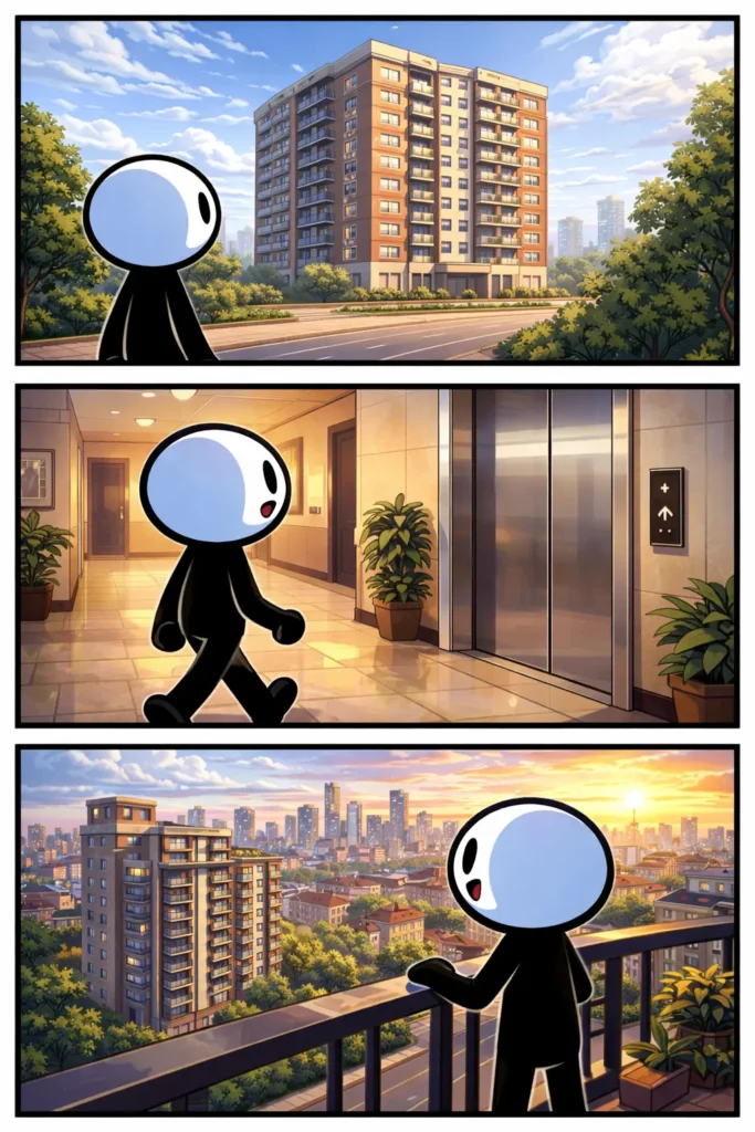 Stripafbeelding van een stickman met witte kop en zwart lichaam bij een flatgebouw, in de hal en op een balkon, verdeeld over drie panelen.