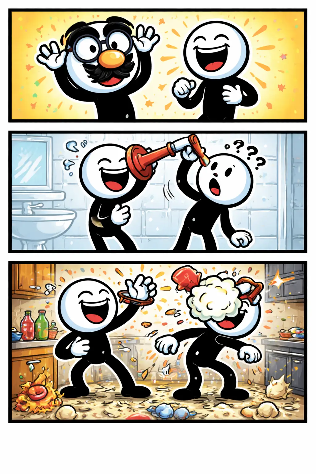 Stickman in Toonwords-stijl die flauwekul uithaalt in een grappige situatie, verdeeld over drie panelen, bij het woord flauwekul.