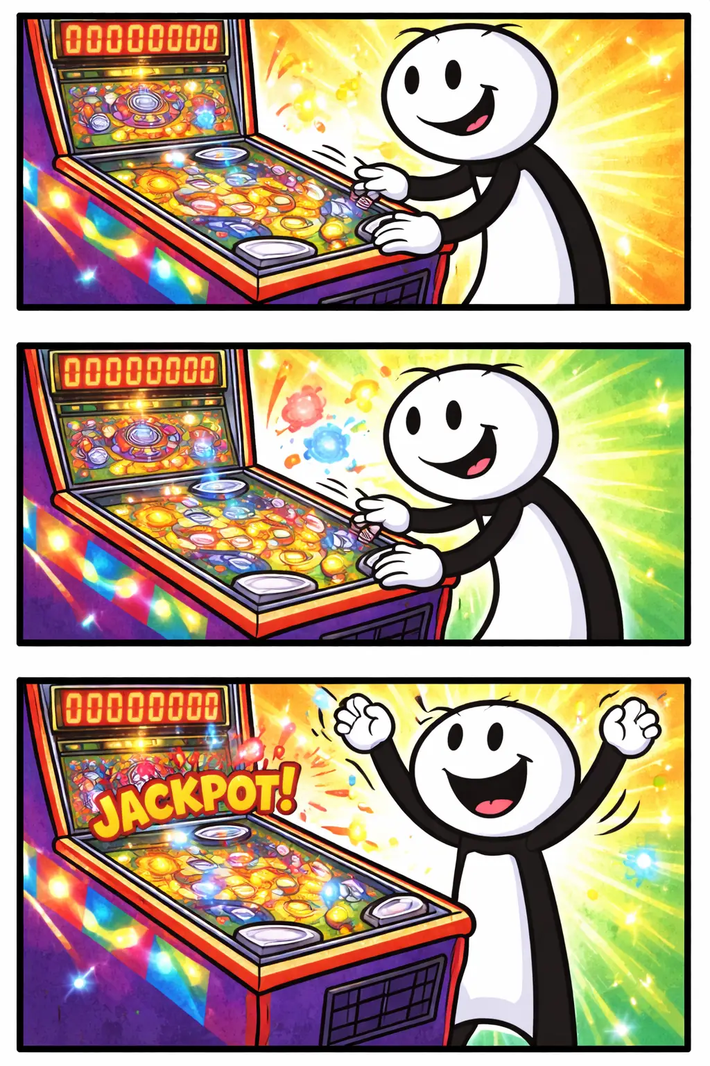 Stickman speelt vrolijk op een flipperkast met kleurrijke lampjes en beweging.