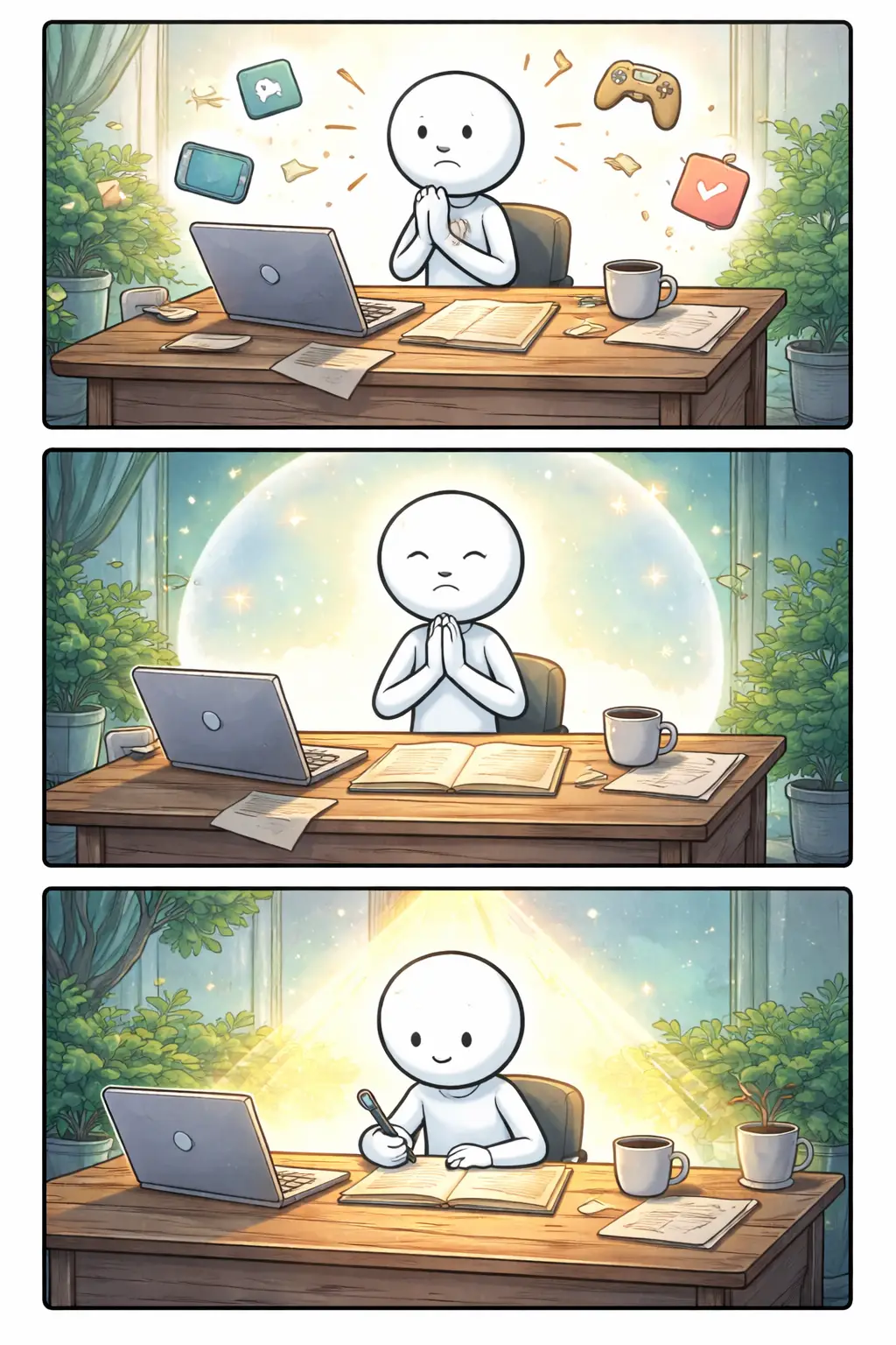 Toonwords-strip met drie panelen van een stickman die Focus laat zien door afleiding los te laten en geconcentreerd te werken.
