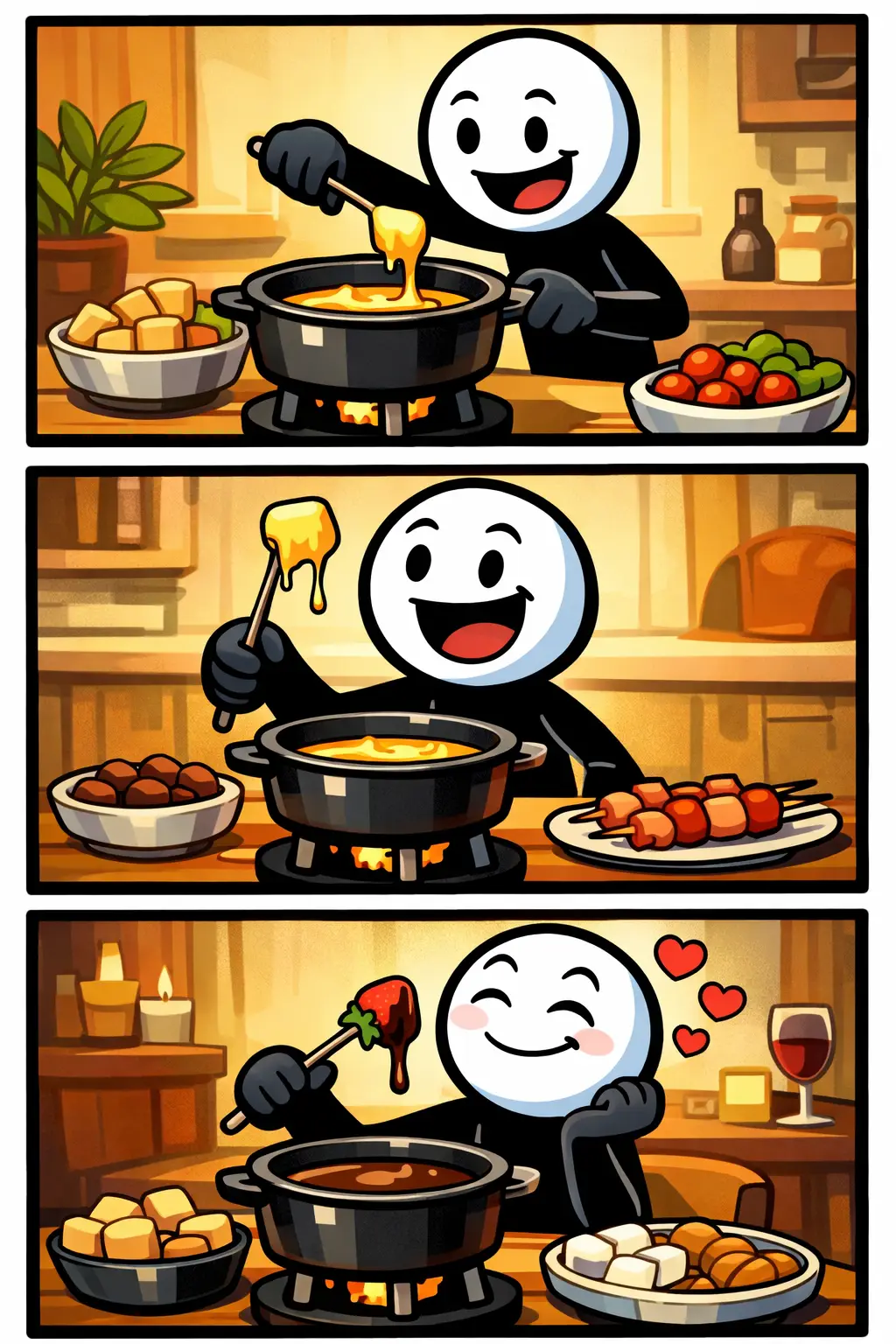 Stickman gebruikt een fonduepan met kaas in beeld, vrolijk weergegeven in Toonwords-stijl.