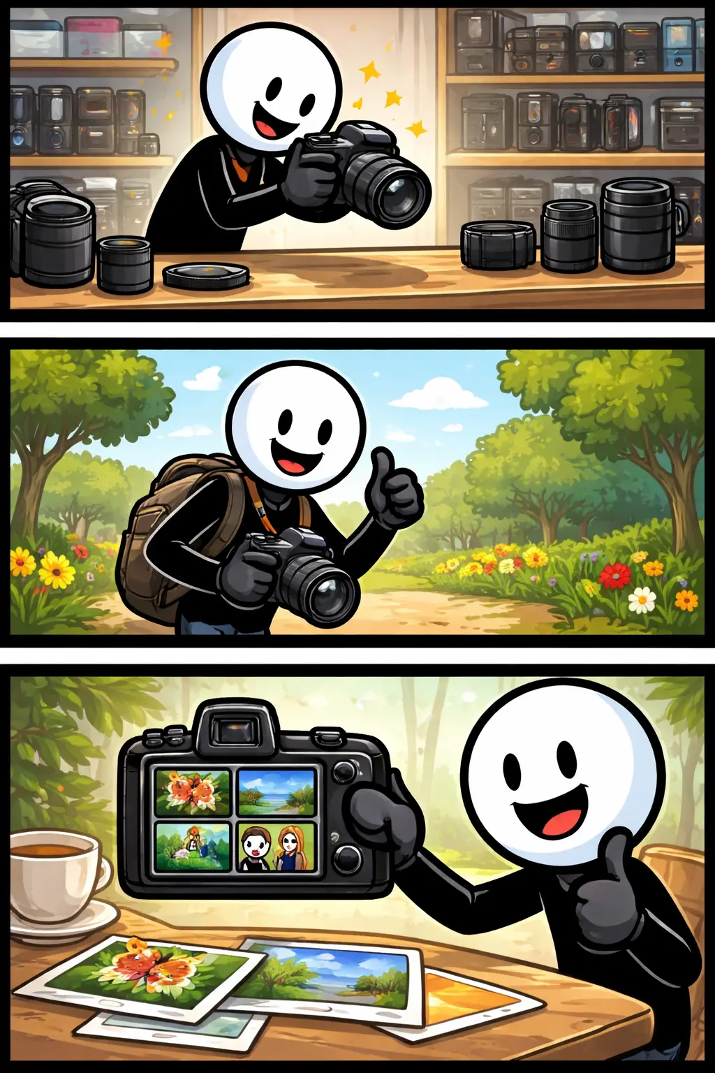 Een stickman die met een fotocamera werkt in drie unieke scènes onder elkaar.