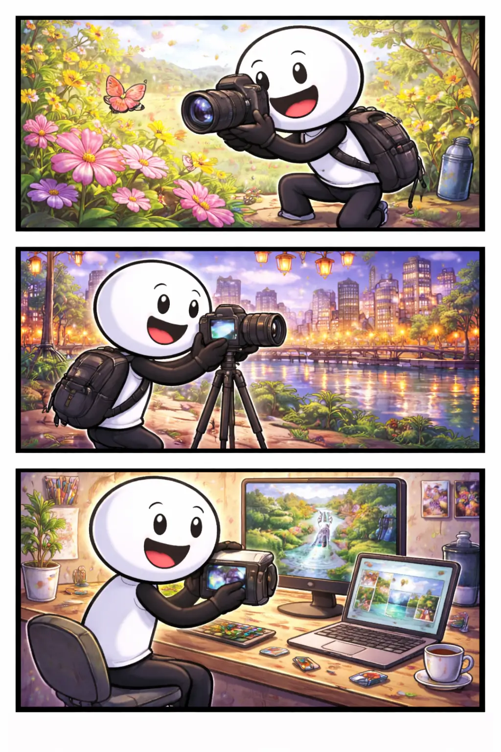 Drie-panelen stripafbeelding in Toonwords-stijl van een stickman die fotografie beoefent door foto’s te maken in de natuur, de stad en deze later te bekijken, passend bij het Nederlandse woord Fotografie.