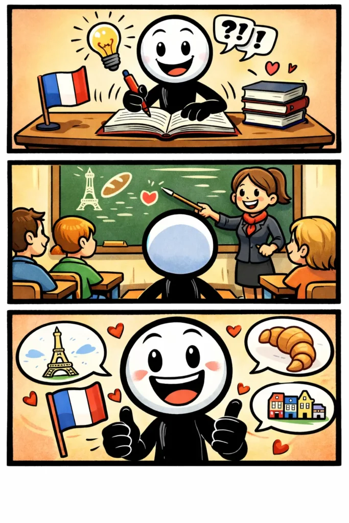 Stickman die op een vrolijke manier de Franse taal leert, met het woord Frans centraal uitgebeeld.