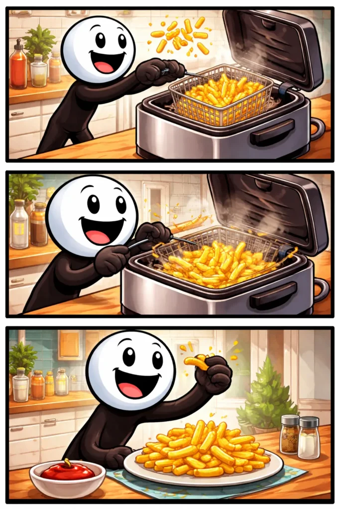 Stickman gebruikt een frituurpan in de keuken bij het toonword Frituurpan.