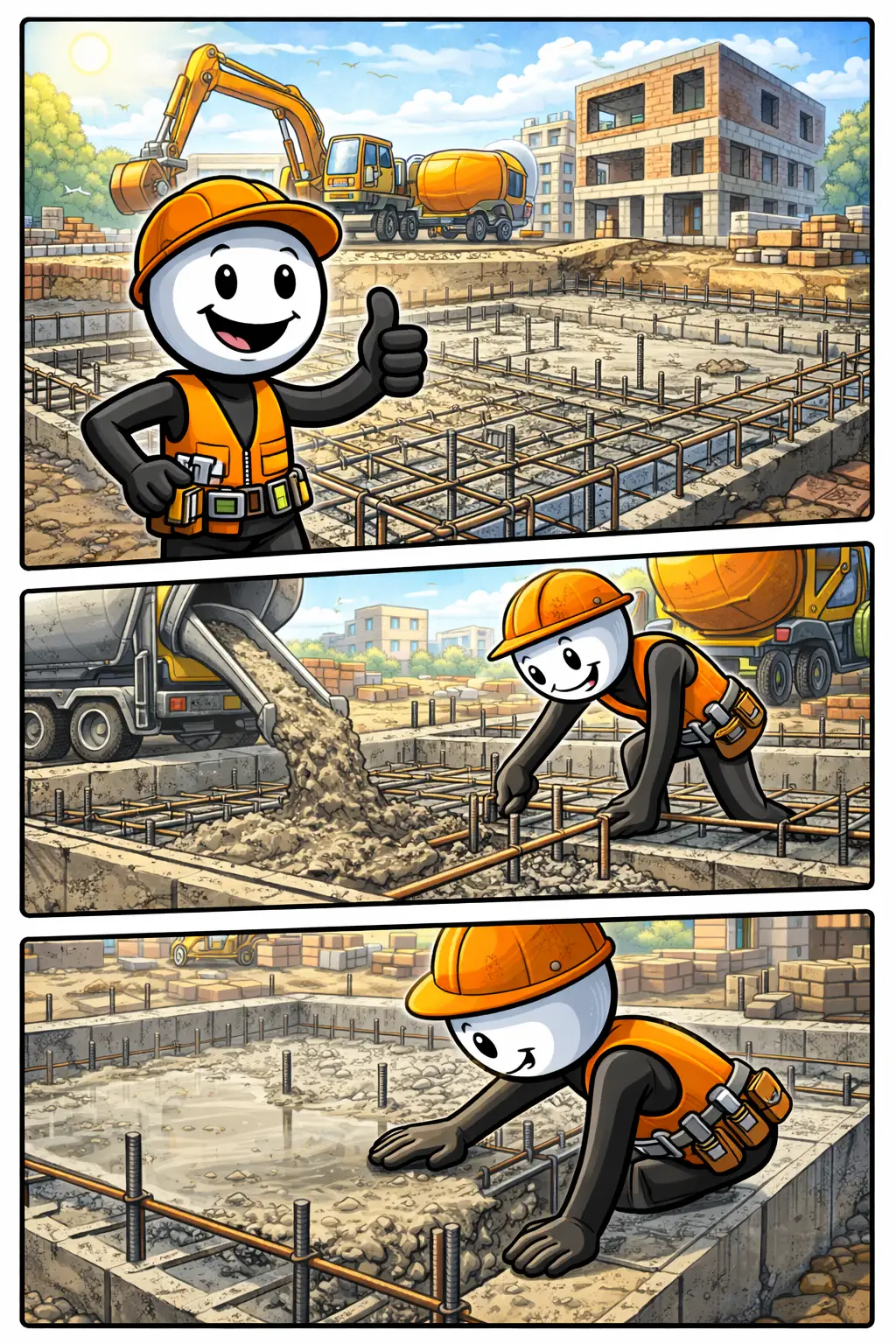 Toonwords-stripafbeelding van een stickman die werkt aan een fundering met beton en wapening, bij het Nederlandse woord Fundering.