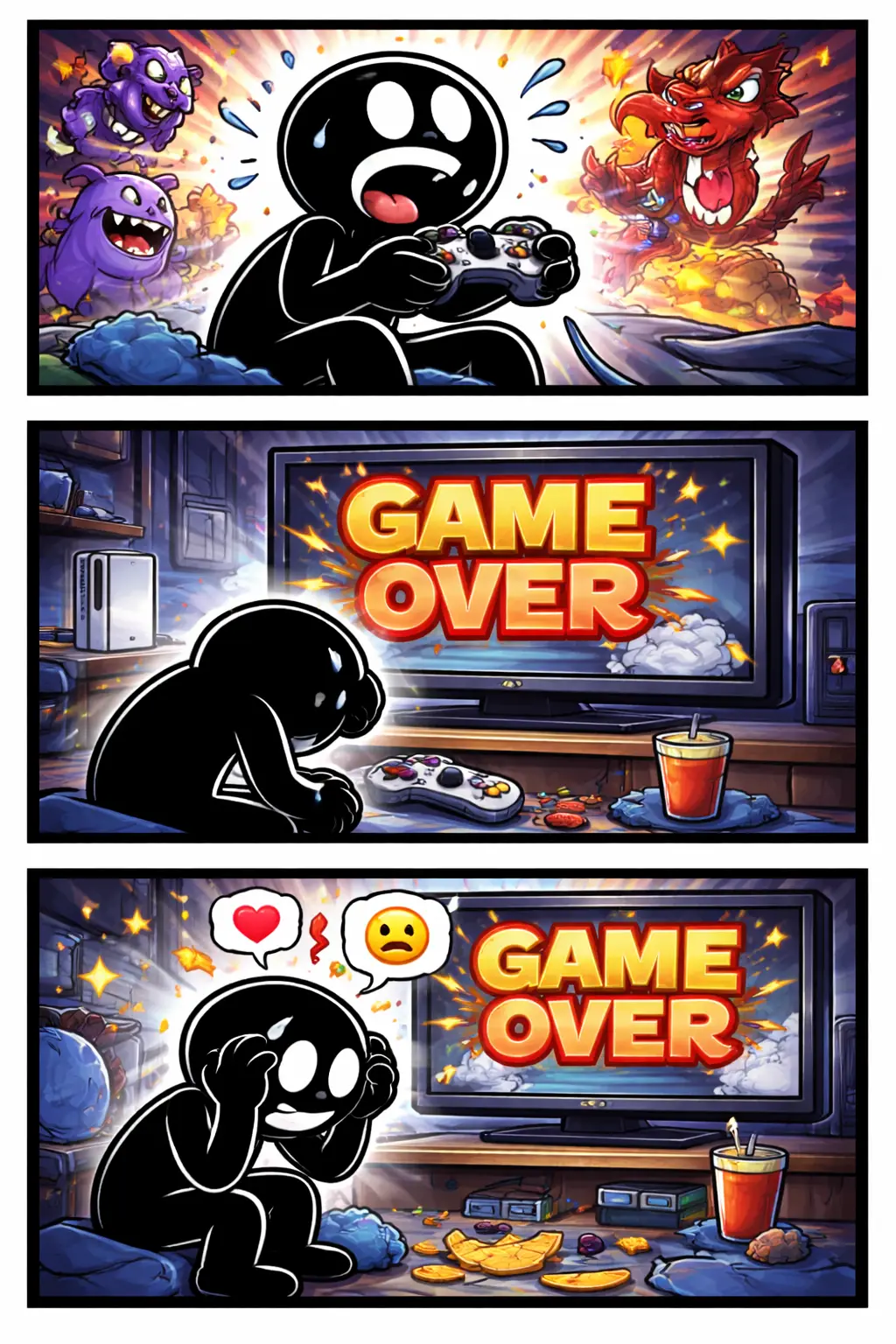 Driepaneel-strip met stickman in Toonwords-stijl die een spel verliest en het moment Game over ervaart.