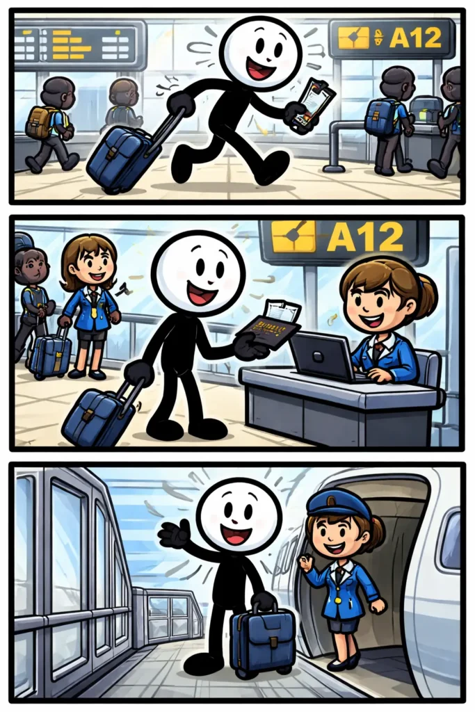 Stripafbeelding met drie panelen van een stickman bij de gate op de luchthaven, wachtend, kijkend naar het bord en klaar om te boarden bij de gate.