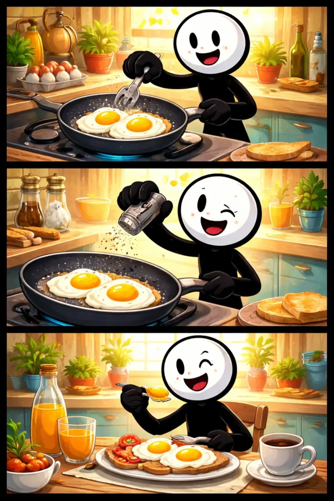 Stickman in Toonwords-stijl die een gebakken ei bekijkt in een pan.