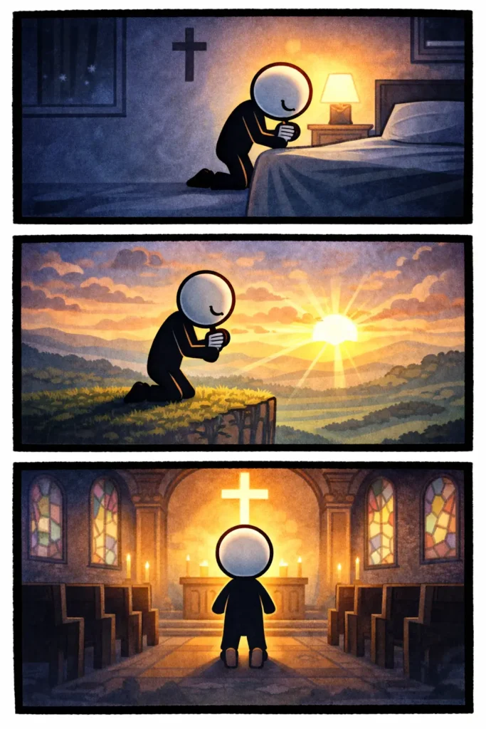 Driepanelenstrip met een stickman in Toonwords-stijl die het woord Gebed verbeeldt door stille momenten van bezinning en rust.