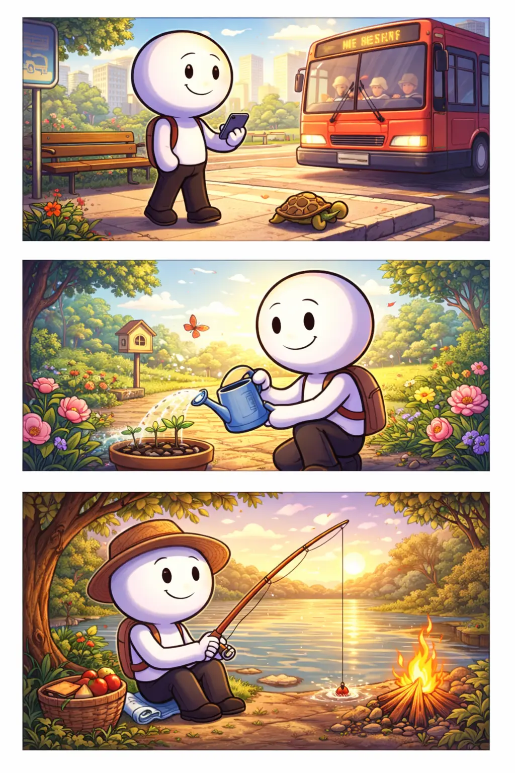 Stripafbeelding van een stickman in Toonwords-stijl die geduld toont door rustig te wachten en stap voor stap de tijd zijn werk te laten doen.