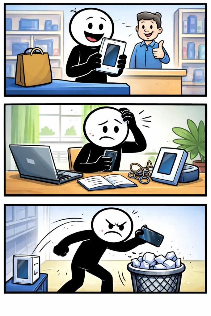 Een stickman heeft duidelijk geen zin in iets en eindigt gefrustreerd in het laatste paneel.