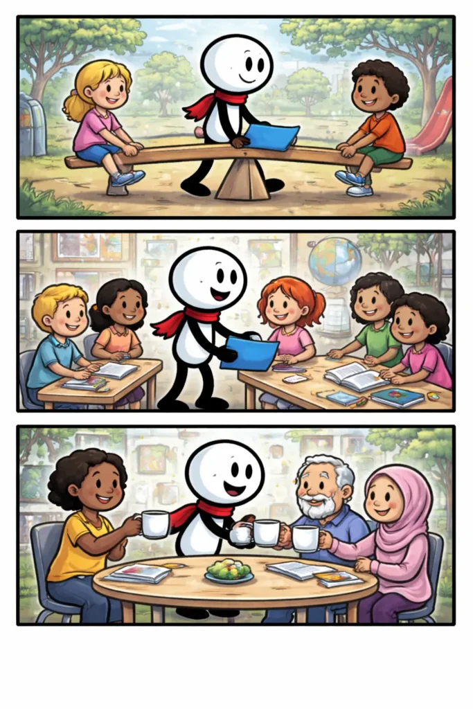 Drie panelen onder elkaar in Toonwords-stijl met een stickman die gelijkwaardig samenwerkt en elkaar ontmoet, passend bij het woord Gelijkwaardigheid.