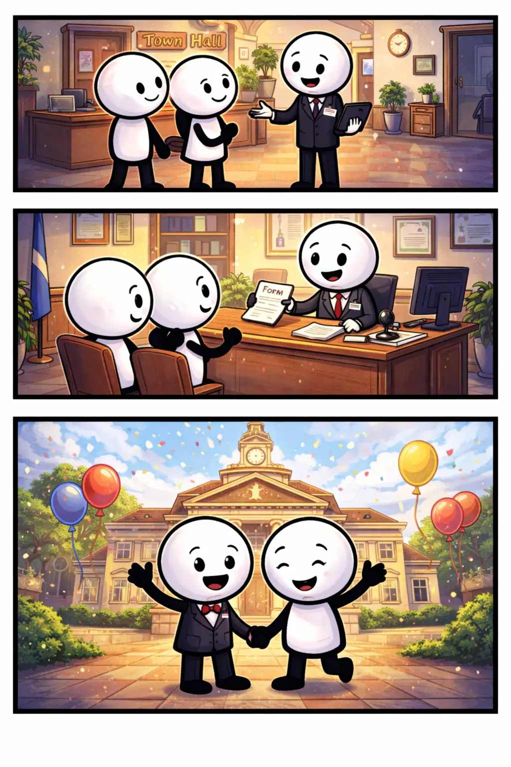 Strip met drie panelen van stickman in het Gemeentehuis bij een balie en buiten het gebouw.