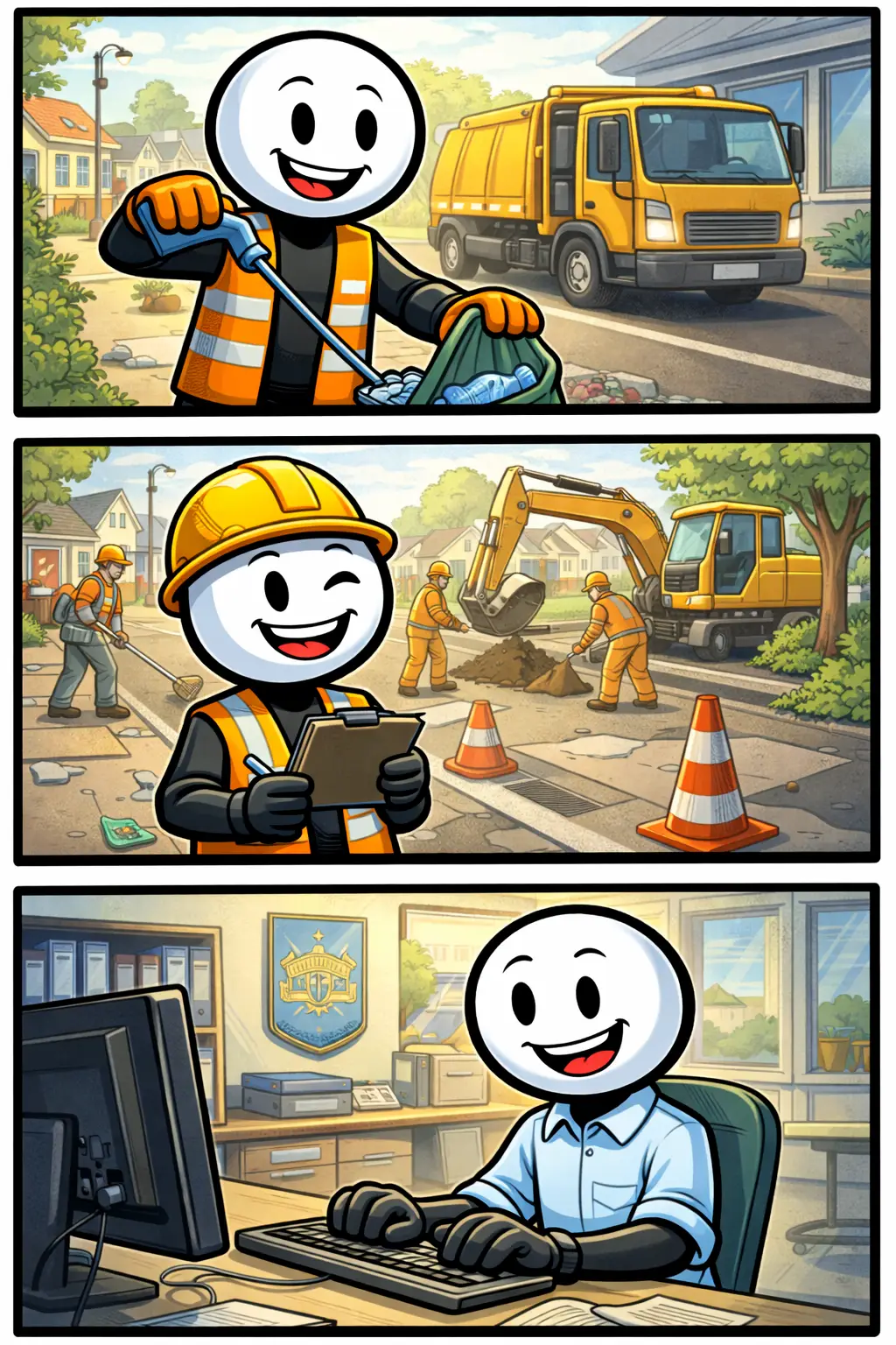 :Stickman in drie panelen die gemeentelijk werk uitvoert, zoals schoonmaken, toezicht en kantoorwerk — toonword gemeentelijk werk.