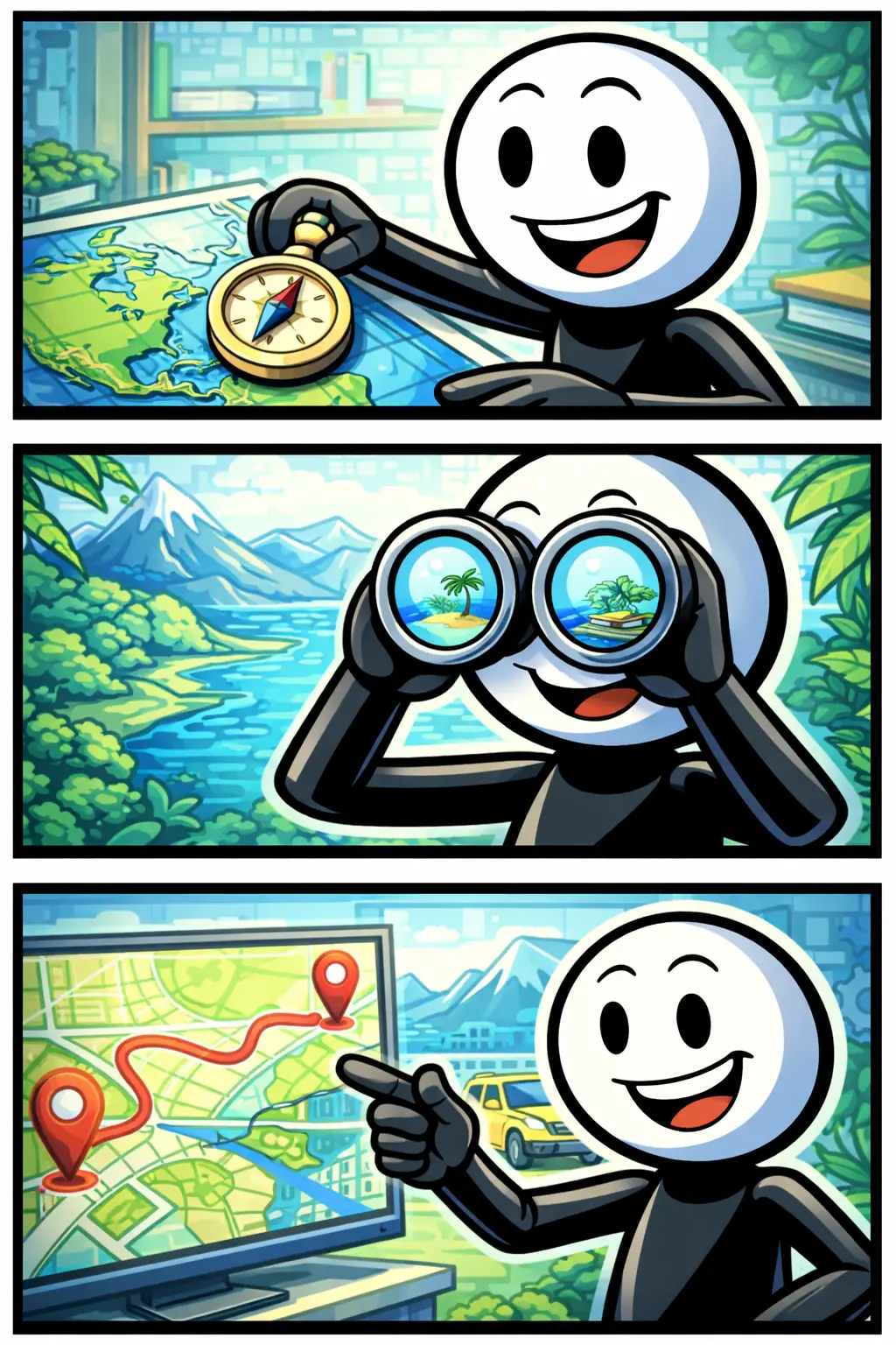 Een stripafbeelding met drie panelen waarin een vrolijke stickman geografische onderwerpen verkent, zoals regio’s, klimaten en landschappen, in kleurrijke Toonwords-stijl.