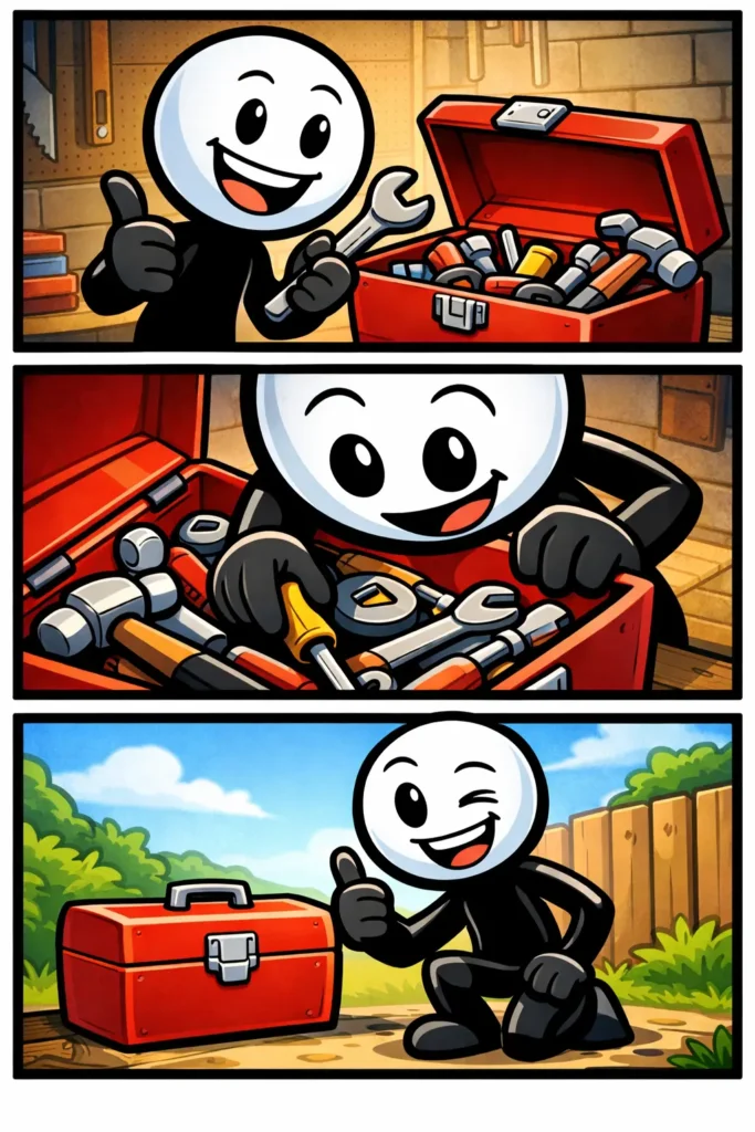 Stickman opent een gereedschapskist met verschillende tools erin, Gereedschapskist.