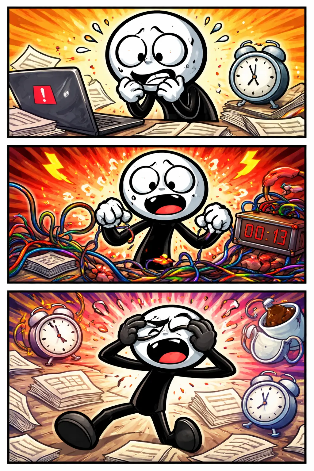 Stickman voelt zich gespannen in een kleurrijke strip met drie panelen die oplopende spanning tonen.