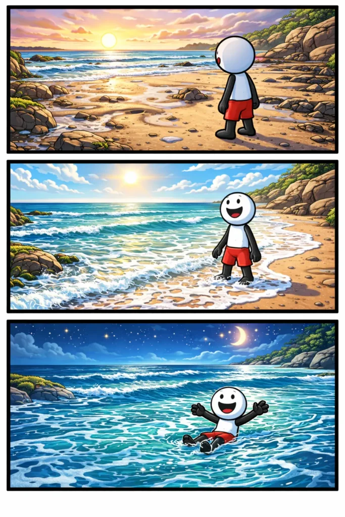 Drie-panelen stripafbeelding van een stickman aan zee die het getij laat zien bij laagwater, hoogwater en veranderend waterniveau.