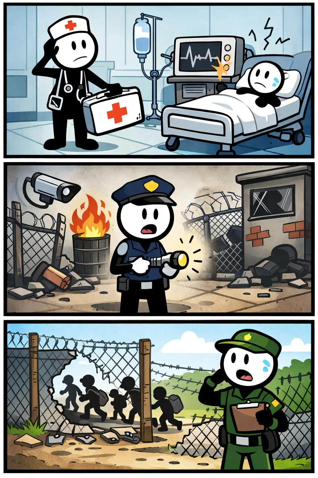 Een Jetten strip waarin het woord gevaarlijke bezuinigingen zichtbaar wordt door drie situaties met risico’s.. .