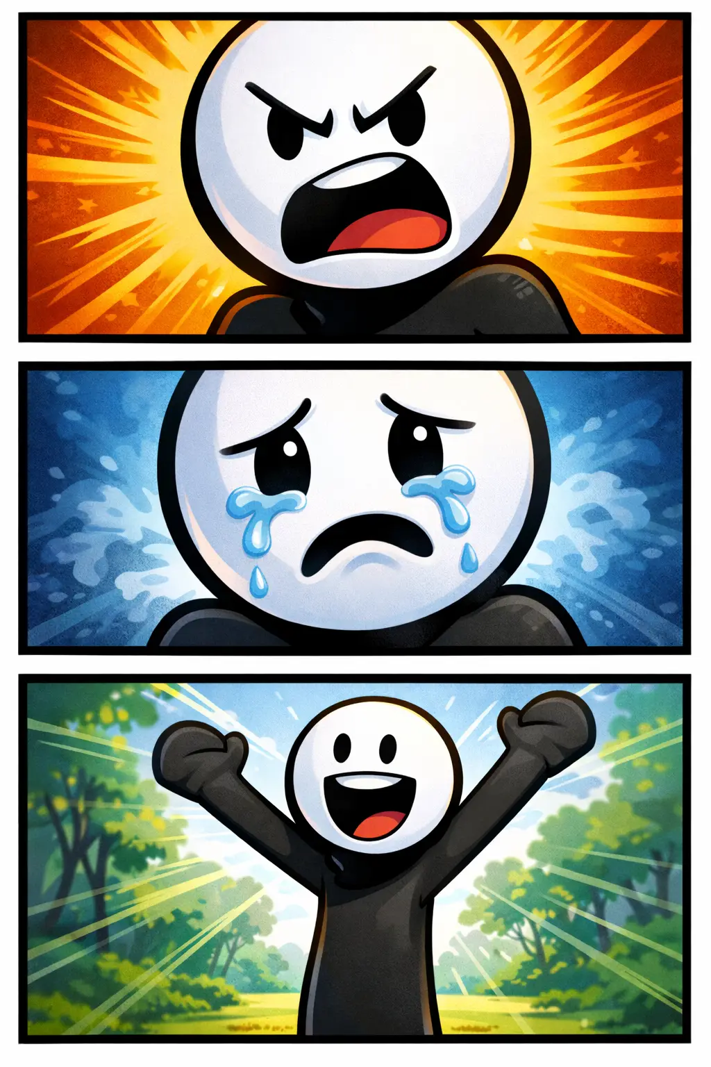 Stickman met wit hoofd en zwart lichaam toont verschillende gezichtsuitdrukkingen in drie paneeltjes — Toonwords-stijl, zonder tekst.