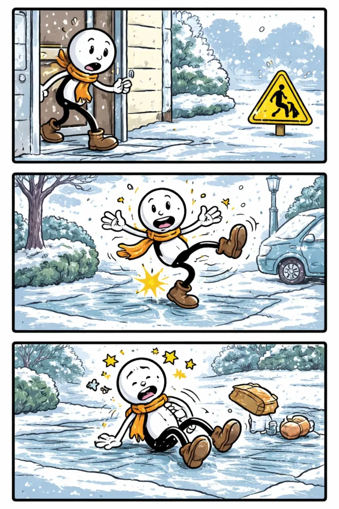 Drie-panelen stripafbeelding van een stickman in Toonwords-stijl die uitglijdt door gladheid.