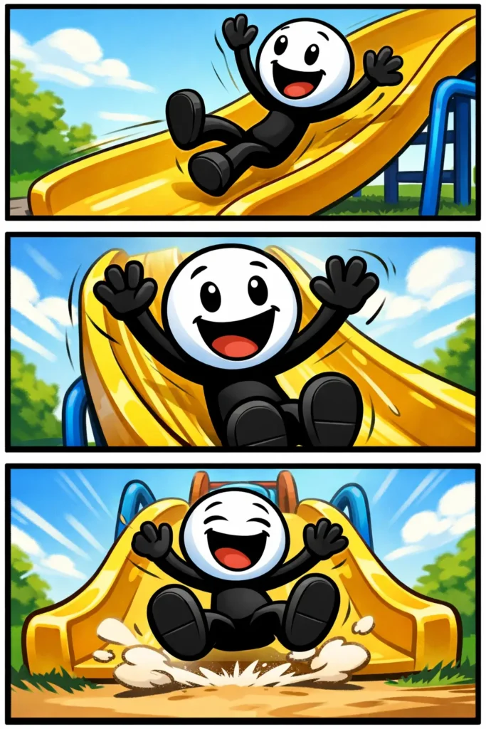 Stickman die van een glijbaan glijdt bij het toonword Glijden.