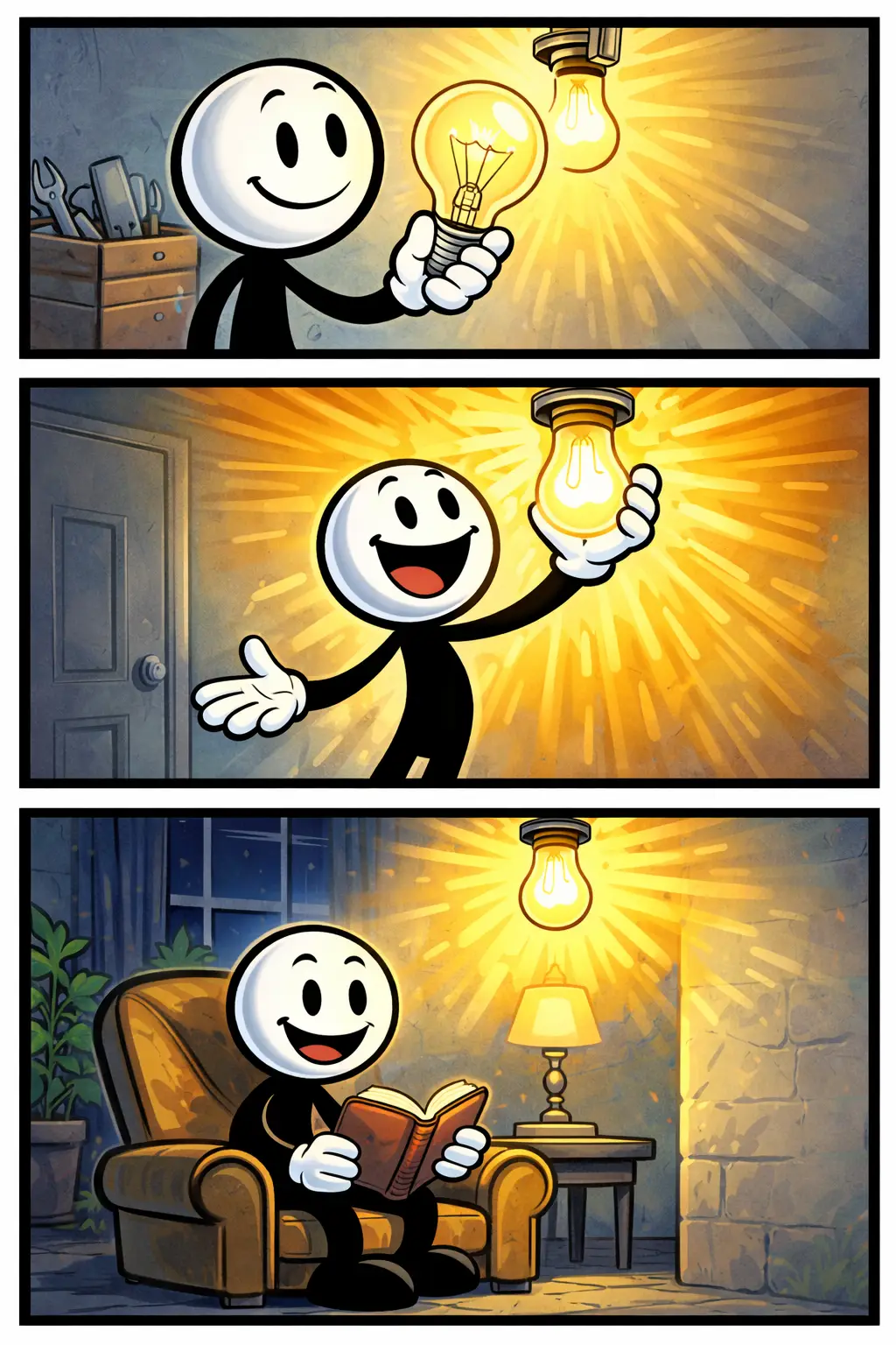Toonwords-strip met een stickman die een gloeilamp laat oplichten en de ruimte verlicht.