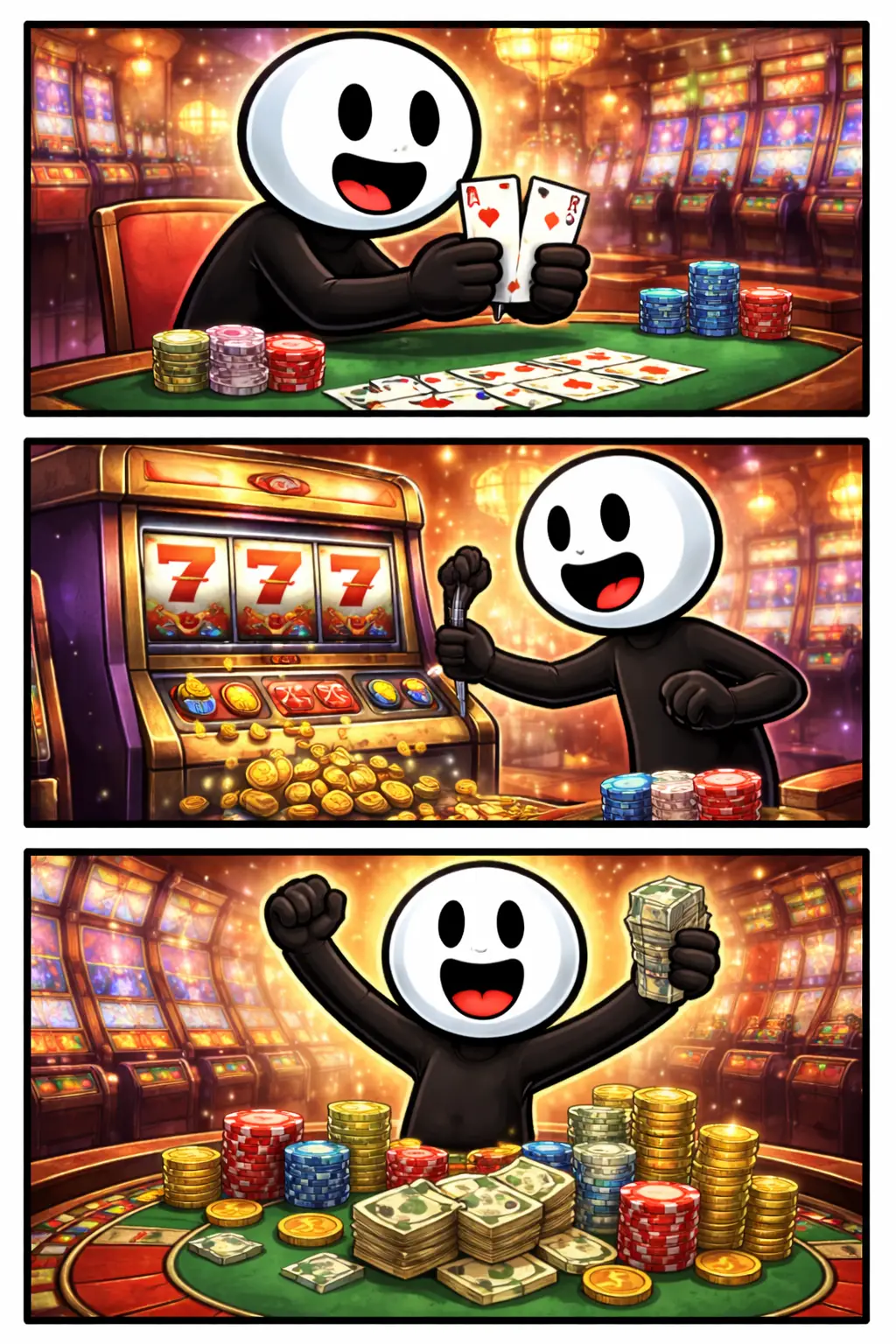 Toonwords-strip over Gokken met een stickman die inzet, spanning voelt en het resultaat afwacht.