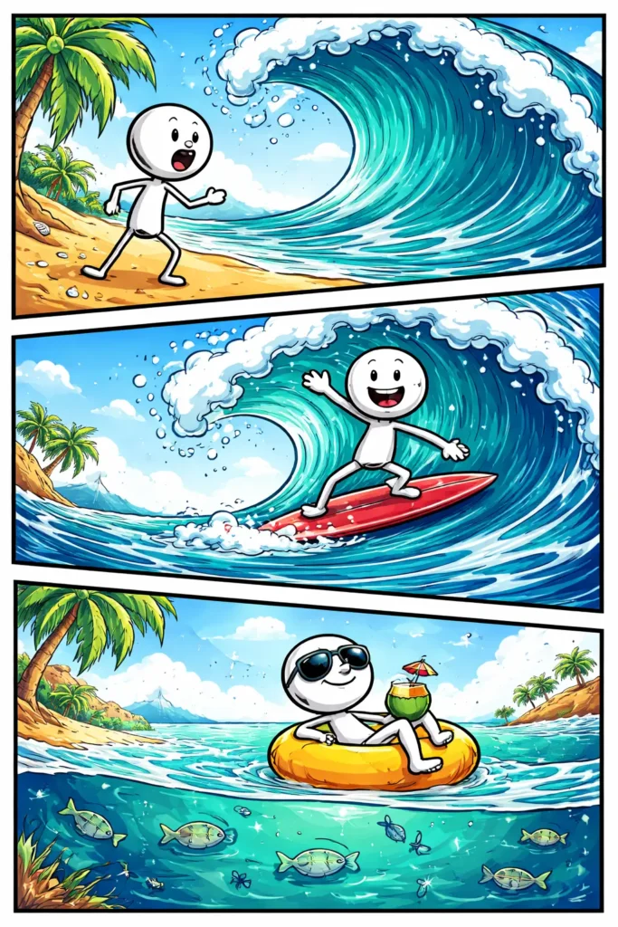 Stripafbeelding in Toonwords-stijl van een stickman bij Golven, met drie panelen die verschillende bewegingen van zee en water laten zien.