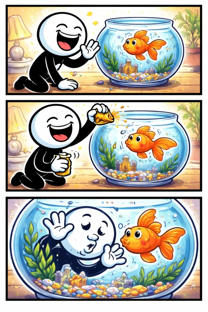 Stickman in Toonwords-stijl die een goudvis bekijkt in een ronde vissenkom, verdeeld over drie panelen, bij het woord Goudvis.