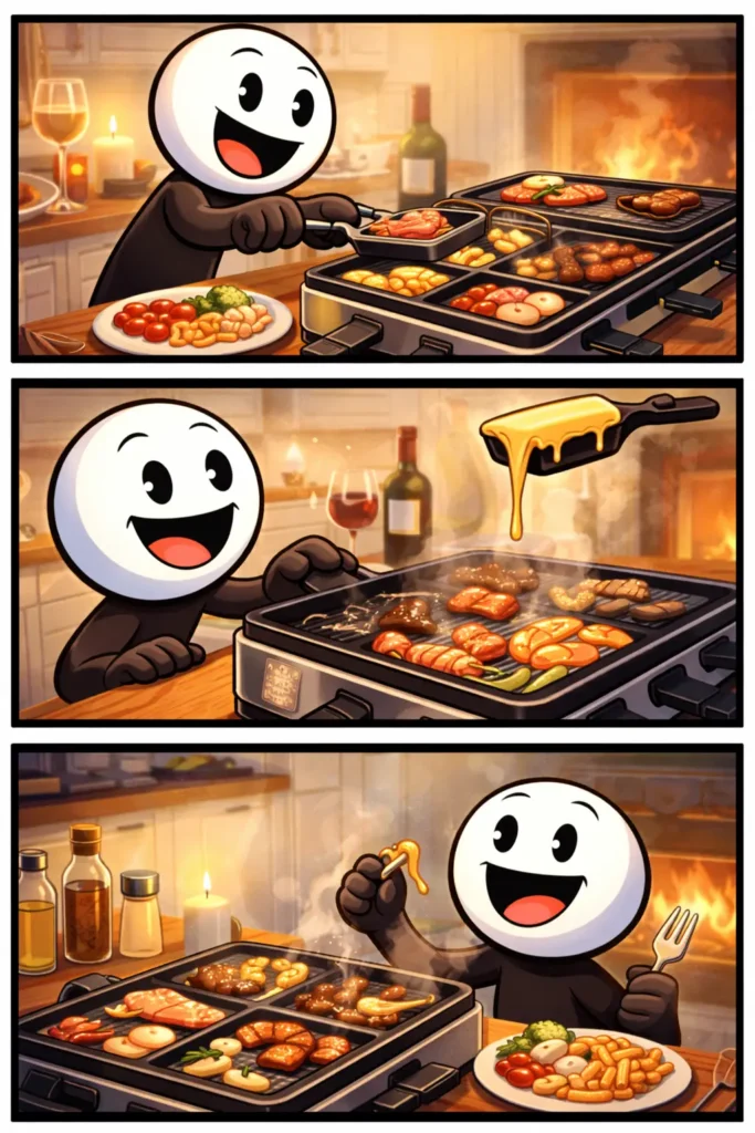 Stickman kookt kleine gerechtjes op een gourmetstel bij het toonword Gourmetstel.