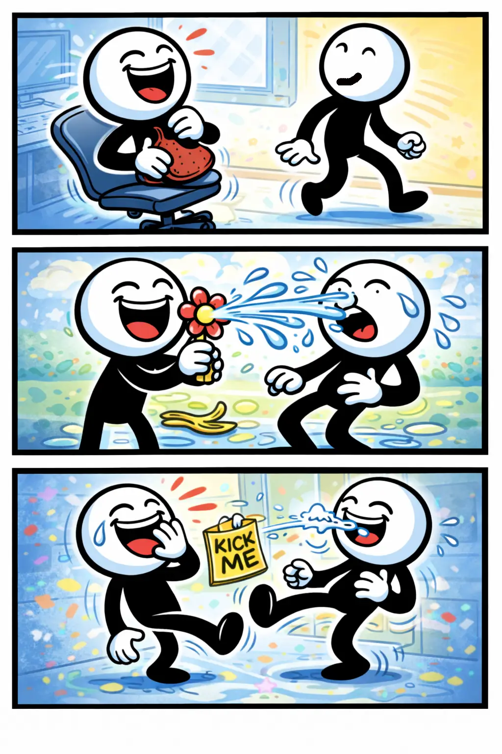 Stickman in Toonwords-stijl die een grapje uithaalt en samen lacht met anderen, verdeeld over drie panelen.