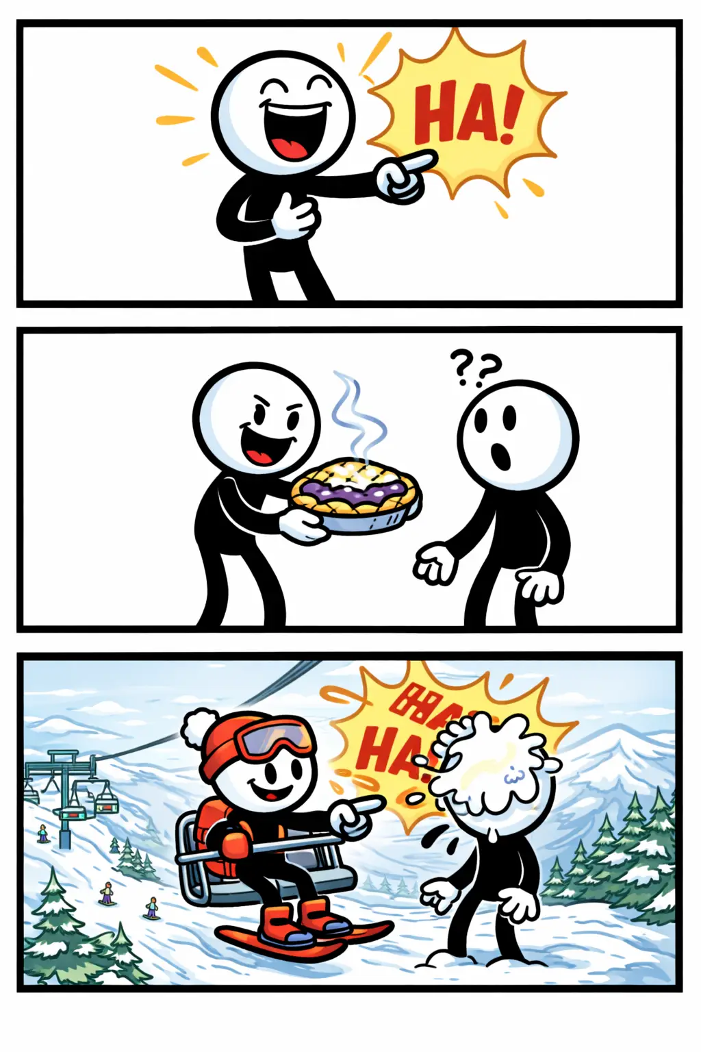 Stickman in Toonwords-stijl in een grappige situatie, verdeeld over drie panelen, passend bij het woord grappig.