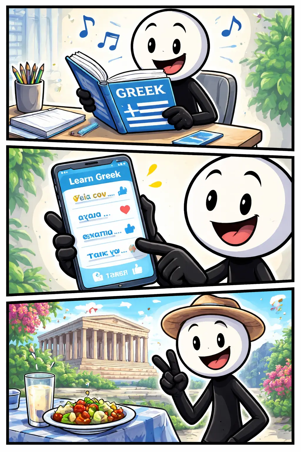 NL:
Stickman die Grieks leert in drie panelen, terwijl het woord Grieks wordt uitgebeeld.

Ελληνικά:
Στικμάν που μαθαίνει Ελληνικά σε τρία καρέ και παρουσιάζει τη λέξη “Grieks”.