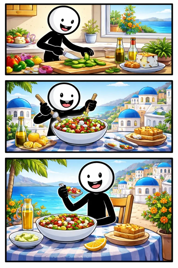 Stickman snijdt, mengt en eet een Griekse salade in drie zonnige mediterrane scènes.