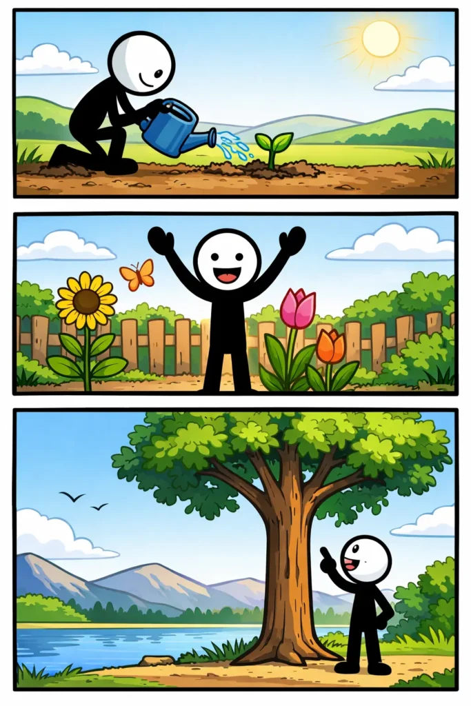 Stickman verzorgt een plantje dat in drie panelen uitgroeit tot een grote boom.