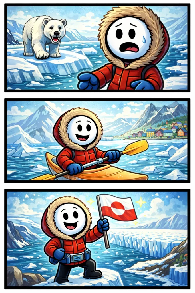 Stickman in Toonwords-stijl die Groenland verkent tussen ijs, bergen en koude natuur.