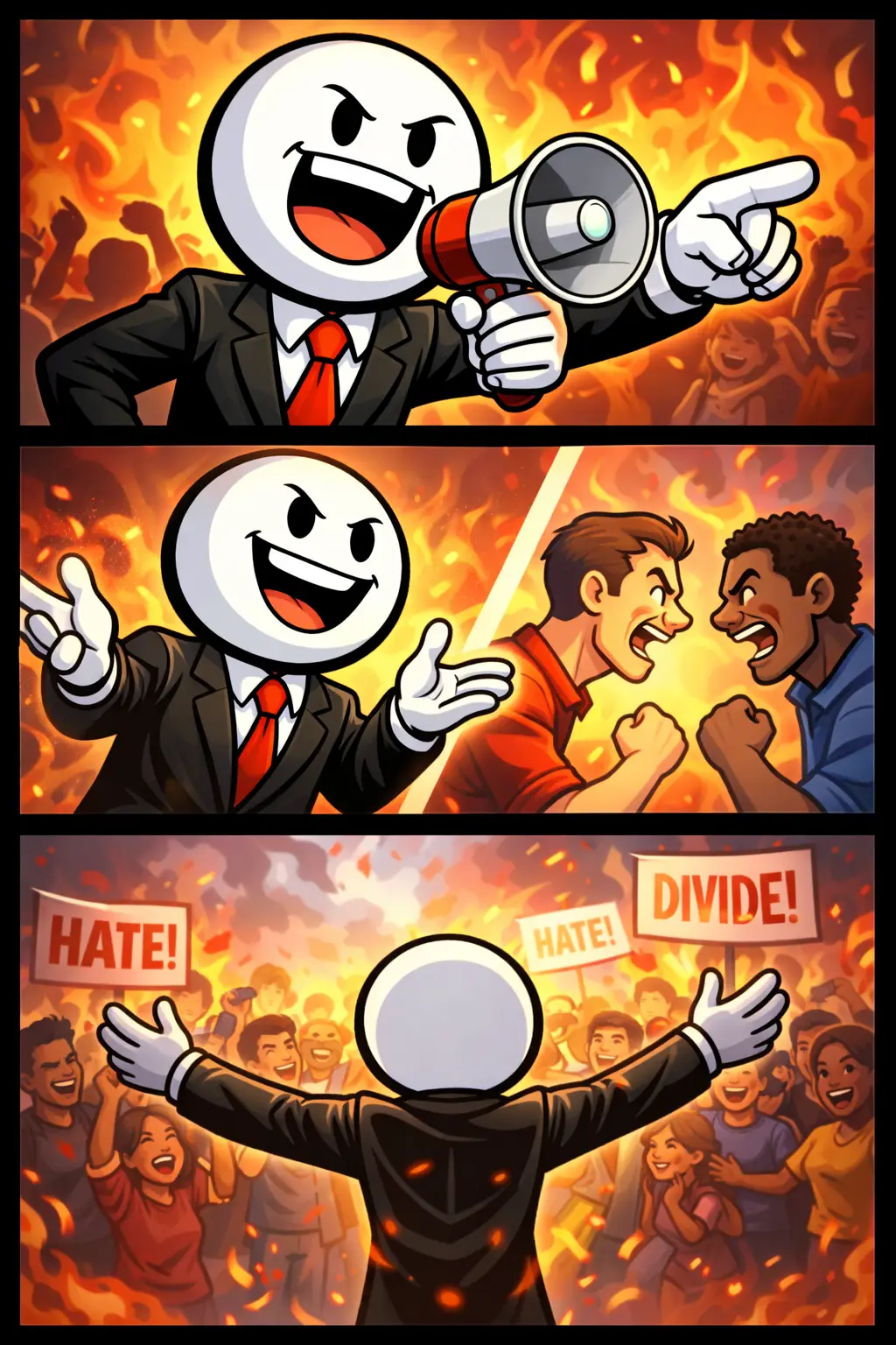 Stickman in Toonwords-stijl die drie scènes laat zien waarin haatzaaien tot verdeeldheid leidt.